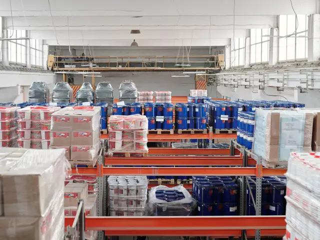 Warehouse interior with goods on shelving