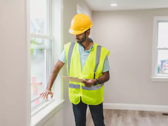 Assessor in a hard hat and hi-vis vest inspecting a window in an empty room