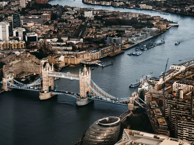 Tower Bridge and the River Thames in London from above